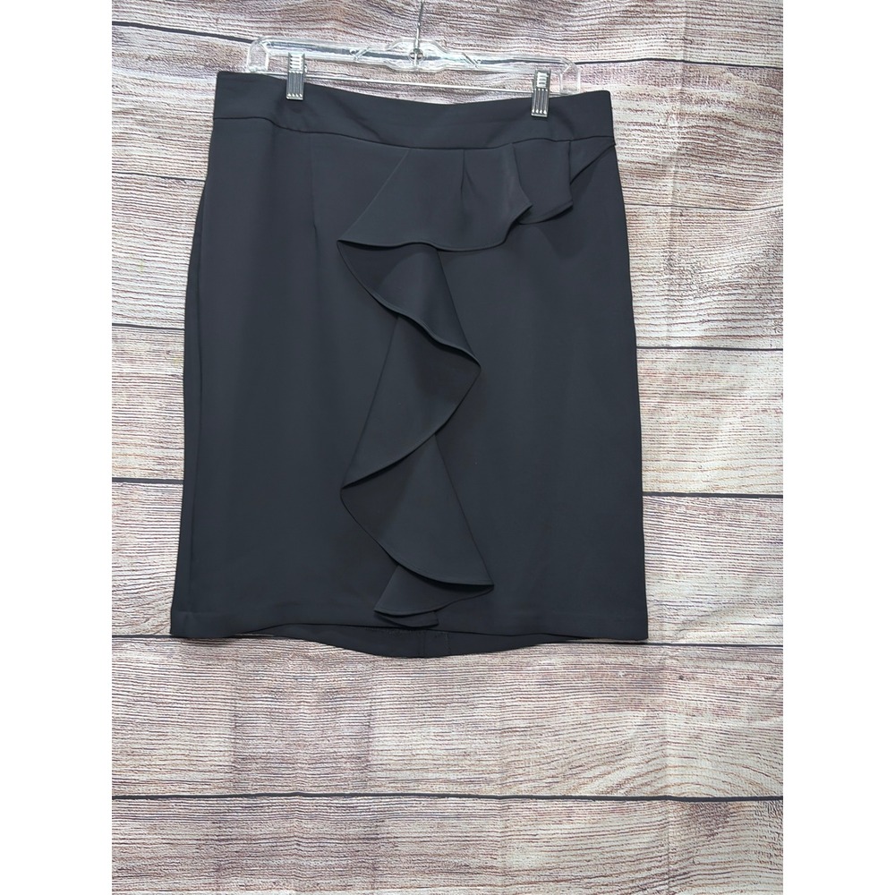 Elle Women Black Ruffle Front Pencil Skirt Size 10 Solid Career Professional